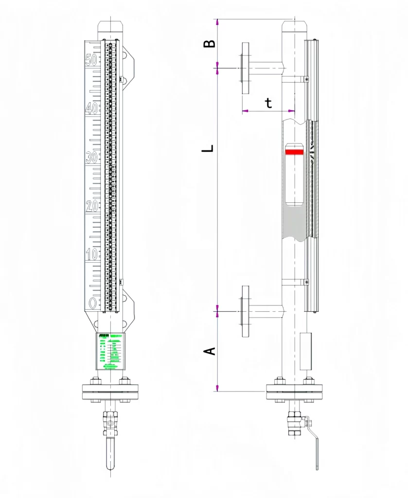 UHZ-P Basic Magnetic Level Indicator Dimensions - Side Mount