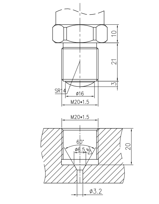 High-pressure spherical M20×1.5 configuration